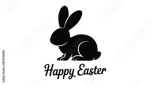 Happy Easter minimalist greeting with black bunny silhouette and elegant script typography on white background, festive holiday vector illustration.