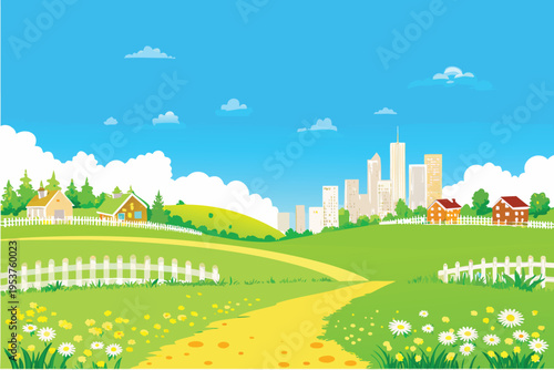 Cartoon landscape featuring a path houses city and blue sky