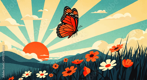 A monarch butterfly gracefully soars above a field of wildflowers under a vibrant sunrise, evoking a sense of new beginnings and natural beauty