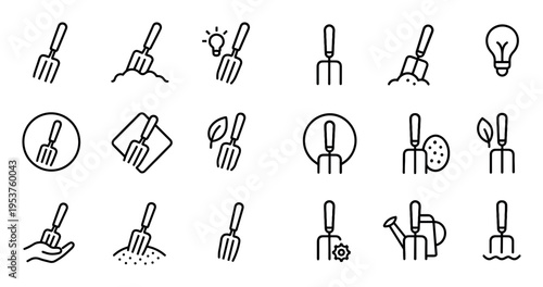 Gardening icons with fork spade soil outline