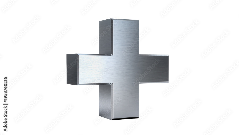 Fototapeta premium Brushed metal 3D plus sign, a metallic mathematical or medical symbol isolated on transparent background, for graphic design elements PNG