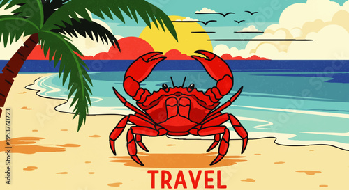 A vibrant red crab takes center stage on a sun-kissed tropical beach, embodying the spirit of an exotic summer travel adventure by the ocean at sunset