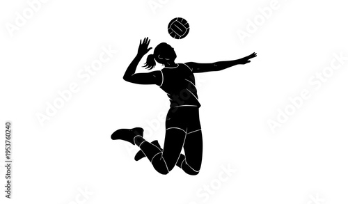 Female volleyball player silhouette vector jumping spike action isolated on white background