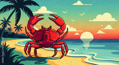 Vibrant red crab standing prominently on a serene tropical beach during a picturesque sunset, with palm trees swaying gently in the background