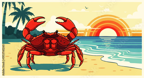 Vibrant illustration of a large red crab on a sandy beach at sunset with palm trees and ocean waves