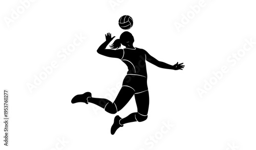 Dynamic female volleyball spike silhouette vector athlete jumping action isolated on white background
