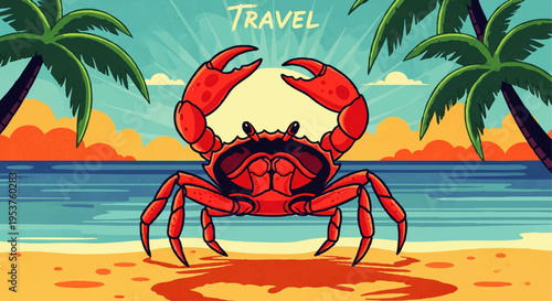 Eye-catching red crab illustration on a sandy tropical beach, set against a colorful sunset sky with swaying palm trees, evoking a vibrant vacation atmosphere