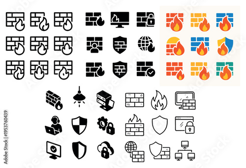 Network security icons with brick flame shield bold