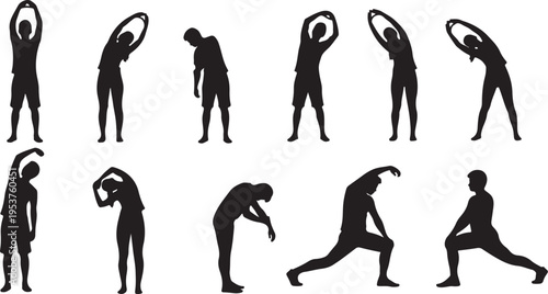 Black silhouettes of people stretching and exercising in various poses