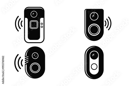 A set of four black and white vector icons depicting various wireless doorbell and security camera designs