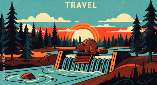 Journey to the Wild A vintage-inspired illustration showcasing a hardworking beaver on its dam, surrounded by a serene forest and a stunning sunset, inviting exploration