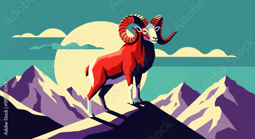A vibrant illustration of a bighorn sheep standing proudly atop a mountain peak with a dramatic sunset sky and colorful, stylized landscape