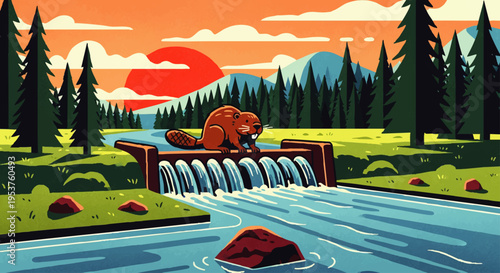 Beaver damming a stream in a serene forest landscape at sunset, with pine trees and a bright orange sun visible