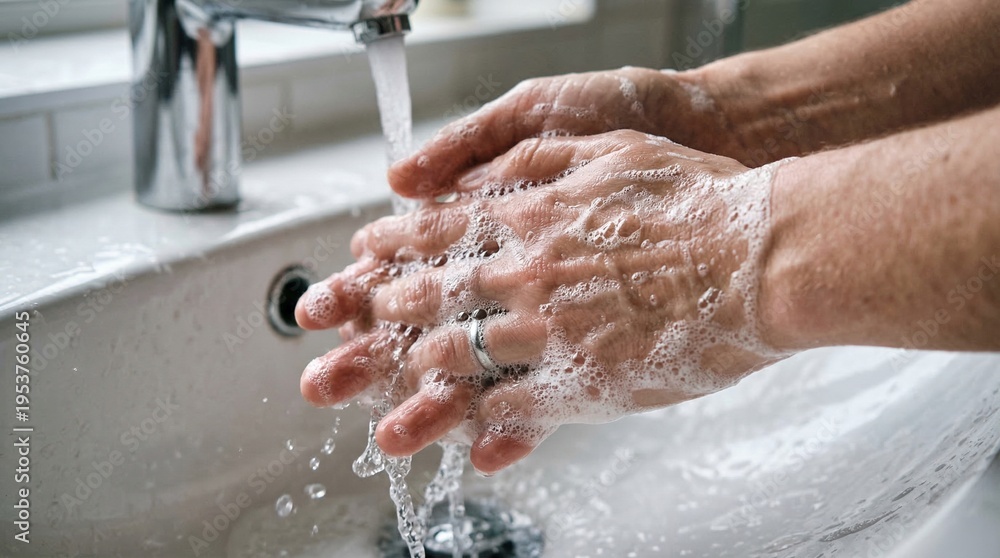 Fototapeta premium Washing Hands With Soap And Water In A Sink For Hygiene And Cleanliness