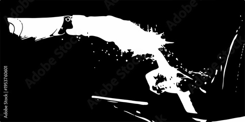 Grunge ink splatter illustration of a man's silhouette holding a sword and gun with black paint spray texture and a dirty paper border design