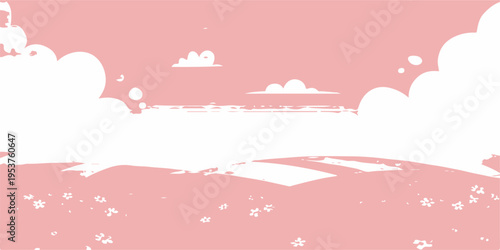 Vector illustration of a winter city landscape featuring snow-covered trees and mountains under a colorful sky with clouds and sun