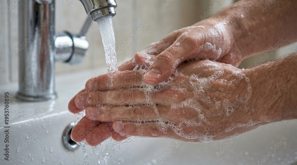 Fototapeta premium Washing Hands with Soap and Water Under Faucet in Bathroom Sink