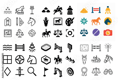 Equestrian icons with horse rider fence outline