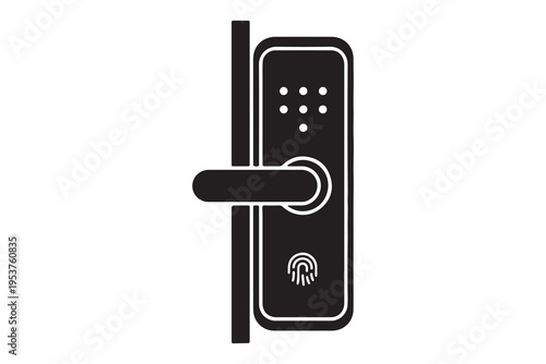 A black silhouette of a modern smart door lock with a keypad and fingerprint scanner