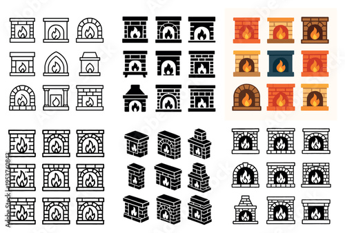 Interior icons with fireplace hearth brick flat