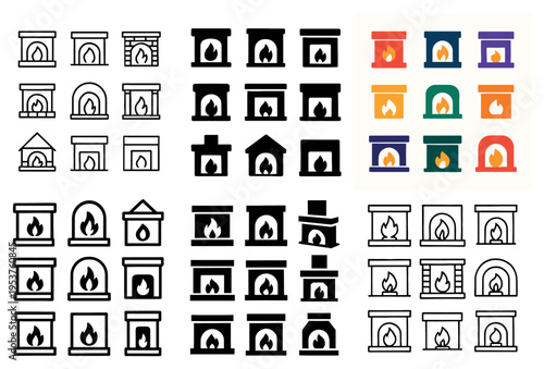 Fireplace icons with hearth mantel flame minimal