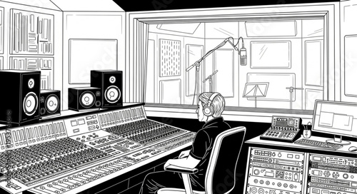Monochrome illustration of a person working at a mixing console in a recording studio.