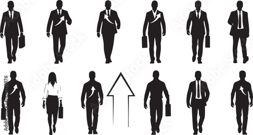 Business People Walking in Different Directions Silhouettes Illustration Set