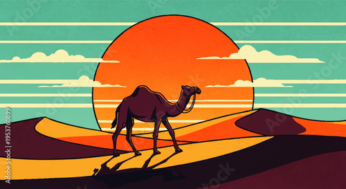 Serene desert landscape with a lone camel silhouetted against a vibrant setting sun, evoking a sense of peace and adventure