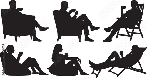 Silhouettes of people relaxing in various chairs at home