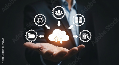 Cloud computing network diagram in dark professional lighting on hand for digital business.