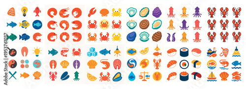 Seafood icons with fish shrimp crab colorful