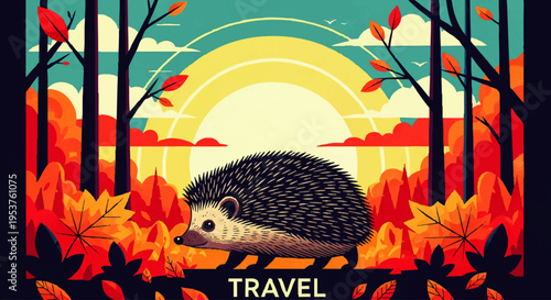 Autumnal Forest Scene Featuring a Cute Hedgehog Amidst Vibrant Foliage and a Setting Sun