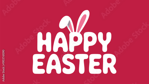 Happy Easter greeting card with cute white bunny ears silhouette on red background, festive holiday typography design for spring celebration.