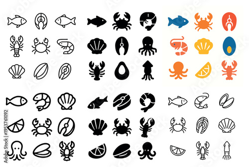 Seafood icons with fish crab and shell flat