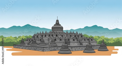 Borobudur Temple Illustration - A Detailed View of the Ancient Buddhist Monument.