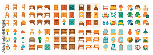 Home icons with chair sofa table colorful flat