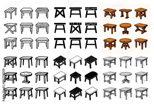 Furniture icons with stool table wood sketch