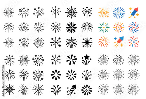 Celebration icons with fireworks star rocket outline
