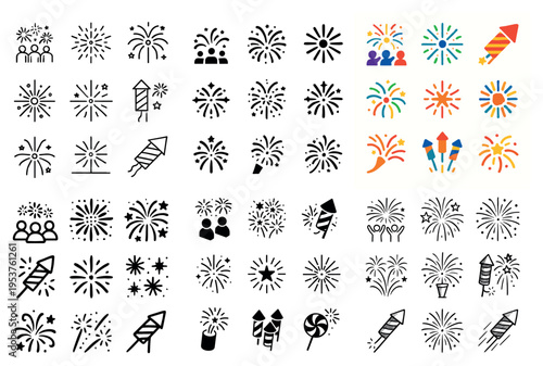 Celebration icons with firework rocket spark colorful