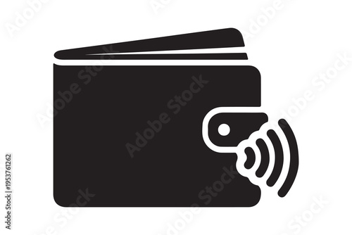 A simple black glyph illustration of a wallet with a contactless payment symbol high quality