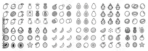 Fruit icons with apple pineapple banana avocado flat