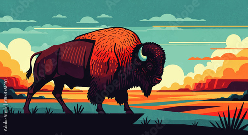 Majestic Bison Roaming a Serene Landscape Under a Dramatic Sunset Sky