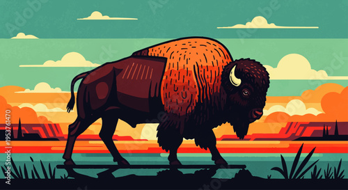 Majestic Bison Roaming a Serene Landscape Under a Striking Sunset Sky, Evoking a Sense of Wild Beauty and Freedom