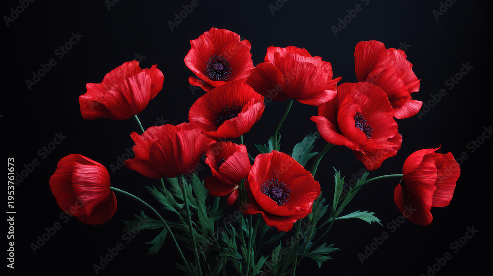 Obraz premium A beautiful and vibrant bouquet of red poppy flowers with delicate petals and lush green leaves is artistically arranged against a stark black background creating a striking