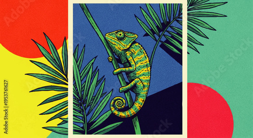 Vibrant Tropical Chameleon Illustration Climbing a Branch in a Lush Jungle Habitat, Featuring Exotic Foliage and Dynamic Colors in a Stylized Art Design