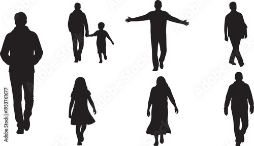 Silhouettes of people walking in various poses and outfits
