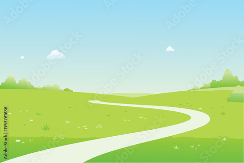 A winding path leads through a bright green idyllic landscape