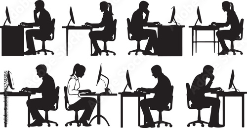Silhouettes of people working at desks with computers