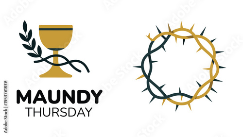 Maundy Thursday religious illustration with golden chalice and crown of thorns, spiritual Christian holiday design on white background.