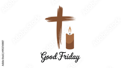 Good Friday religious illustration with wooden cross and burning candle, spiritual Christian holiday greeting on white background.